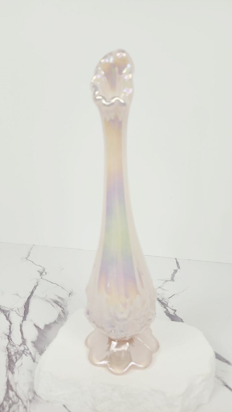 Vintage Fenton Iridescent Carnival Glass Bud Vase Ruffled Swung Lily Pink Peach